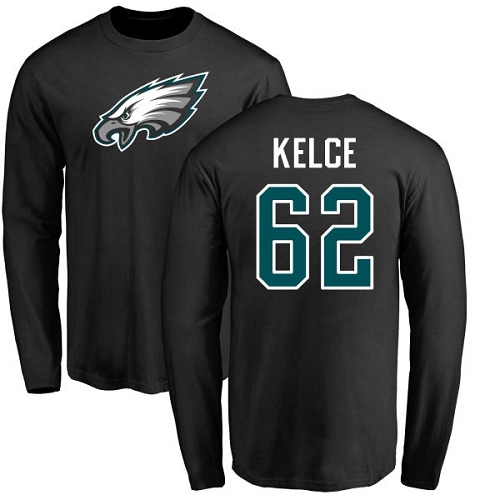 Men Philadelphia Eagles #62 Jason Kelce Black Name and Number Logo Long Sleeve NFL T Shirt